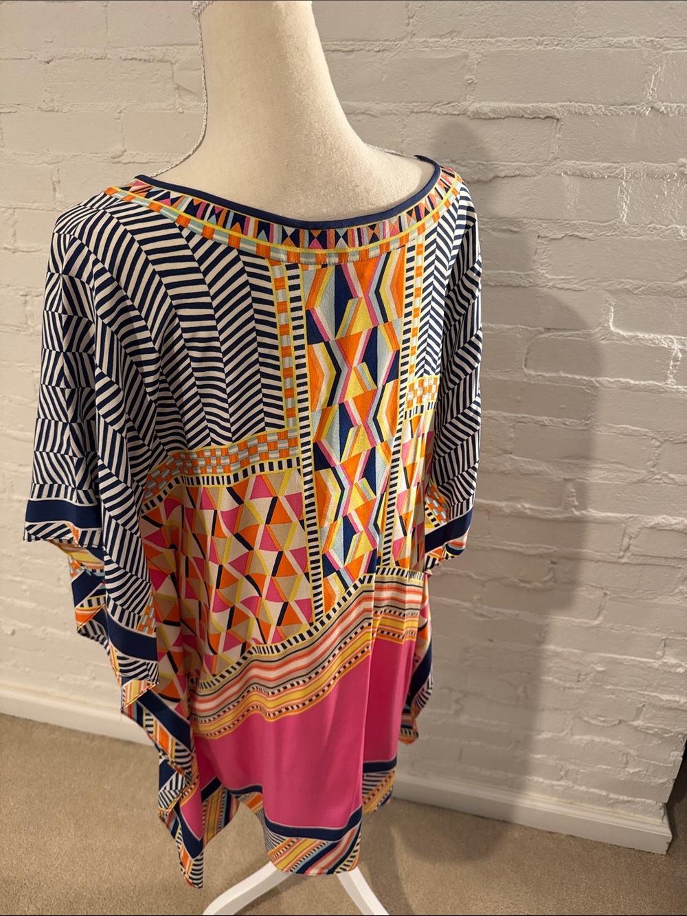 Trina Turk Theodora Multicolor Geometric V-Neck Kaftan— Pink, Navy, Yellow M/L - Picture 2 of 3
